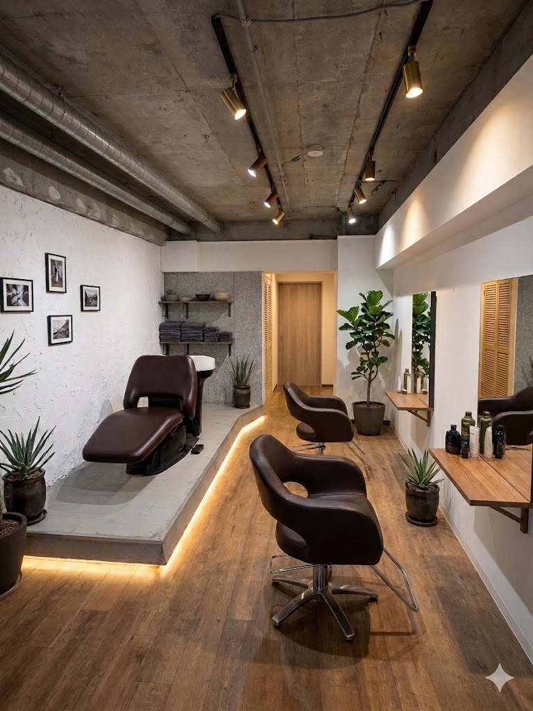 ダーク×インダストリアルスタイルに仕上げたサロン内装